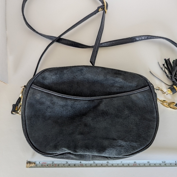 Navy Suede Purse Crossbody Bag with outside pocket with gold accents - Picture 3 of 9